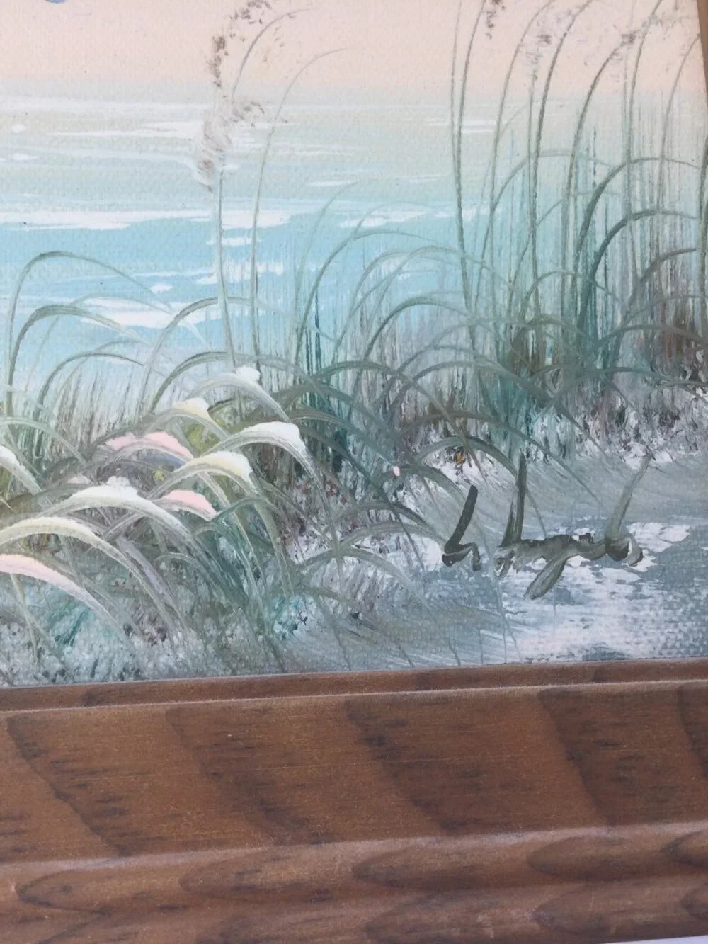 Vintage Handpainted Oil Painting Ocean Sea Beach Nautical Wooden Frame Signed